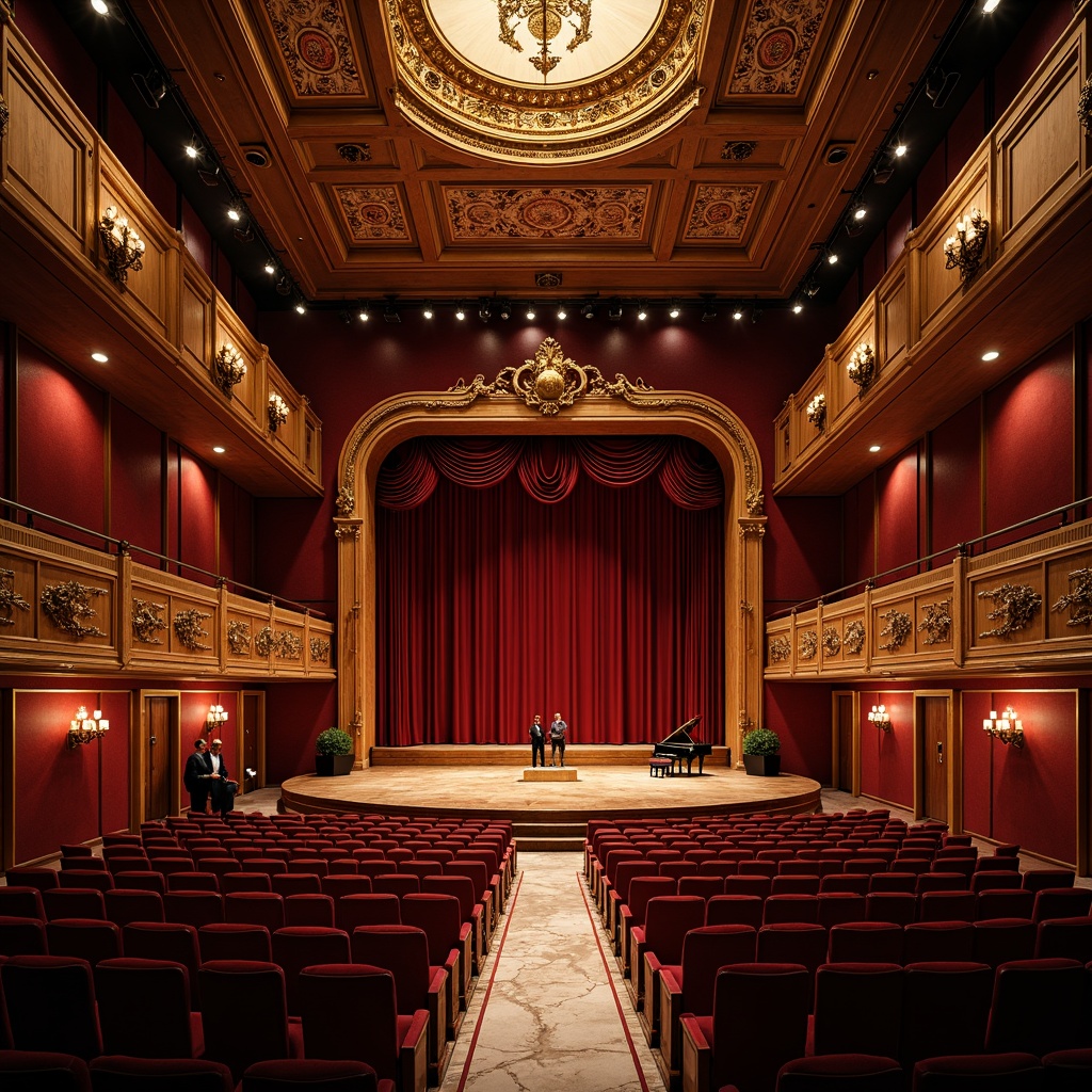 Prompt: Luxurious concert hall, rich wood grain, velvety red curtains, ornate golden details, polished marble floors, sleek metal railings, acoustic panels, spotlights, crystal chandeliers, grand piano, plush theater seats, intimate setting, warm ambient lighting, shallow depth of field, 1/2 composition, dramatic shadows, realistic reflections.