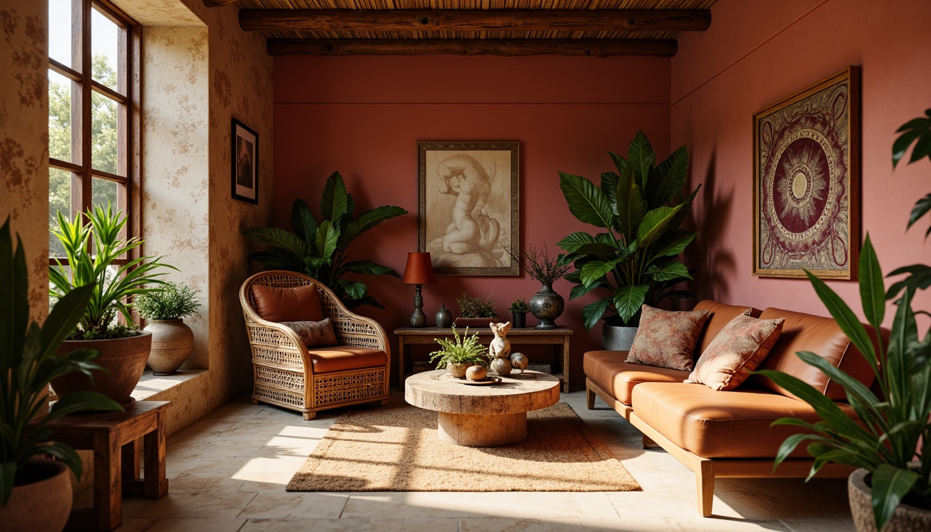 Prompt: Rich maroon accents, earthy terracotta walls, creamy beige flooring, lush green foliage, natural wood textures, warm golden lighting, soft focus, shallow depth of field, 2/3 composition, cozy atmosphere, vintage decorative items, distressed leather furniture, woven rattan accessories, rusty metal details, warm neutral background, inviting ambiance, rustic charm.