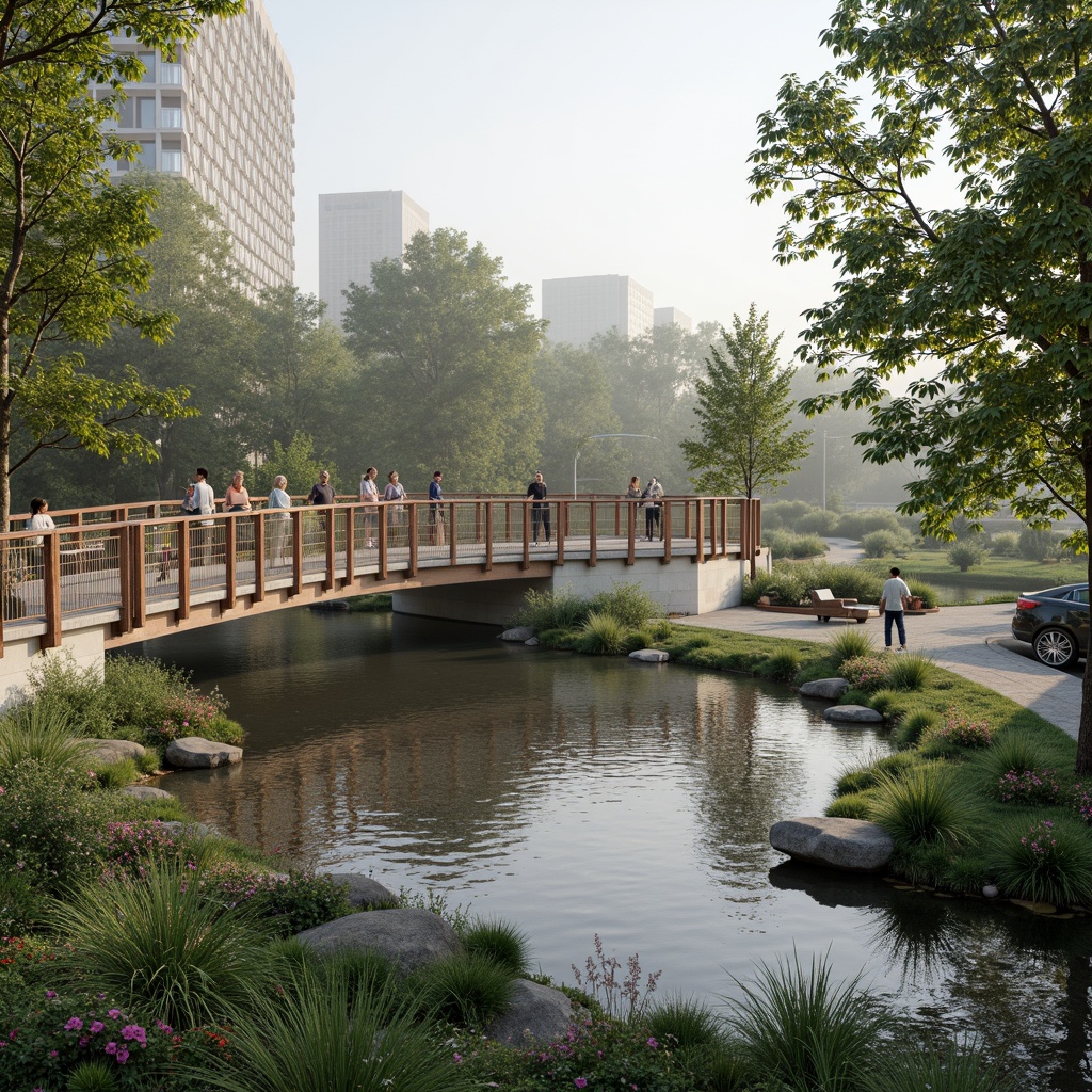 Prompt: Curved pedestrian bridge, lush greenery, natural stone piers, wooden railings, gentle water features, serene lake views, walking paths, recreational seating areas, vibrant flower arrangements, modern urban planning, sleek metal structures, sustainable design principles, eco-friendly materials, innovative lighting systems, misty morning atmosphere, soft warm glow, shallow depth of field, 3/4 composition, panoramic view, realistic textures, ambient occlusion.