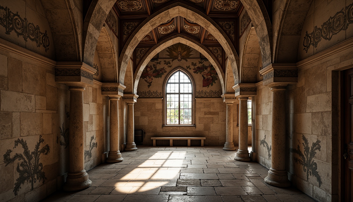 Prompt: Ancient stone arches, ornate carvings, rusticated columns, grand entranceways, vaulted ceilings, stained glass windows, intricate frescoes, weathered stone walls, mysterious ambiance, soft warm lighting, shallow depth of field, 3/4 composition, panoramic view, realistic textures, ambient occlusion.