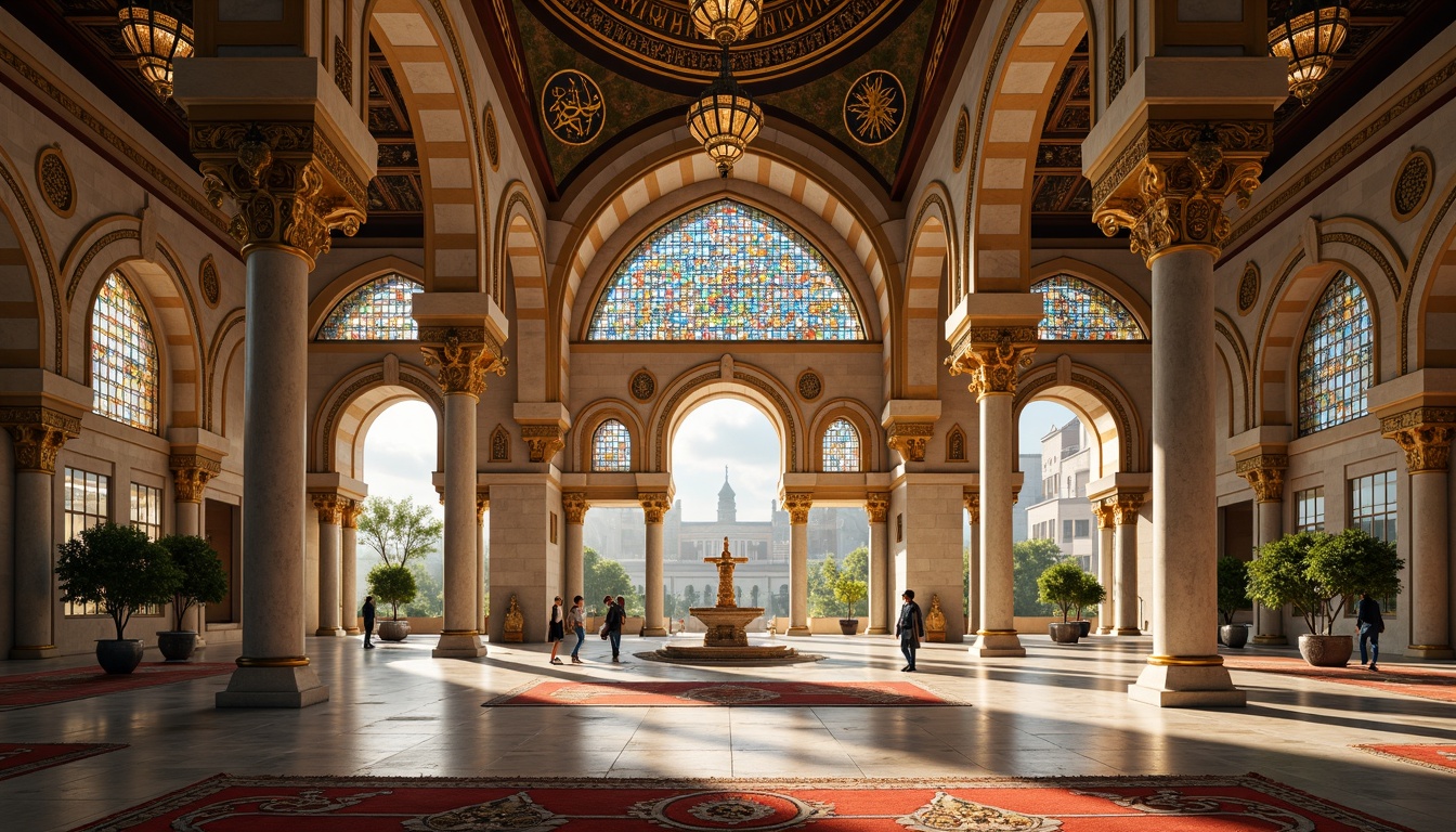 Prompt: Grand mosque, intricately patterned archways, ornate domes, golden minarets, vibrant stained glass windows, marble floors, intricate mosaics, Islamic calligraphy, sacred Quranic scripts, lavish chandeliers, majestic pillars, holy prayer rugs, serene courtyards, lush greenery, tranquil water features, warm soft lighting, shallow depth of field, 3/4 composition, realistic textures, ambient occlusion.