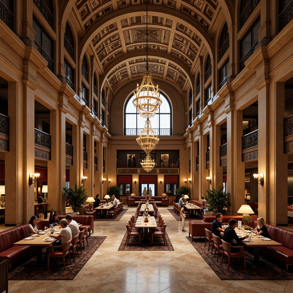 Prompt: Grand dining hall, high ceilings, ornate chandeliers, marble floors, elegant columns, luxurious furnishings, spacious seating areas, long wooden tables, comfortable chairs, warm lighting, soft shadows, 1/2 composition, symmetrical balance, vibrant color accents, rich textures, intricate patterns, ambient sounds, subtle aromas, bustling atmosphere, lively conversations.