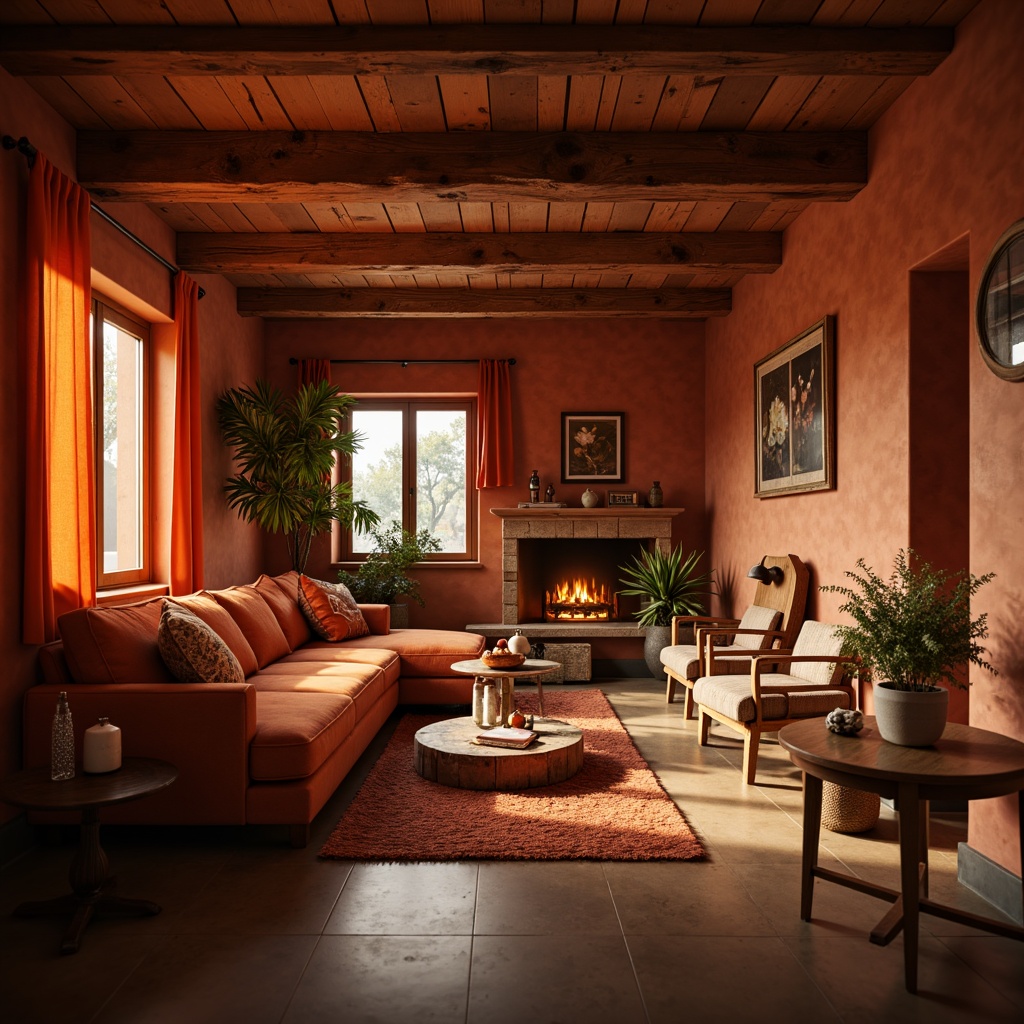 Prompt: Vibrant persimmon hues, warm autumnal tones, rich terracotta accents, earthy natural materials, rustic wooden textures, cozy intimate atmosphere, soft warm lighting, shallow depth of field, 3/4 composition, panoramic view, realistic renderings, ambient occlusion.