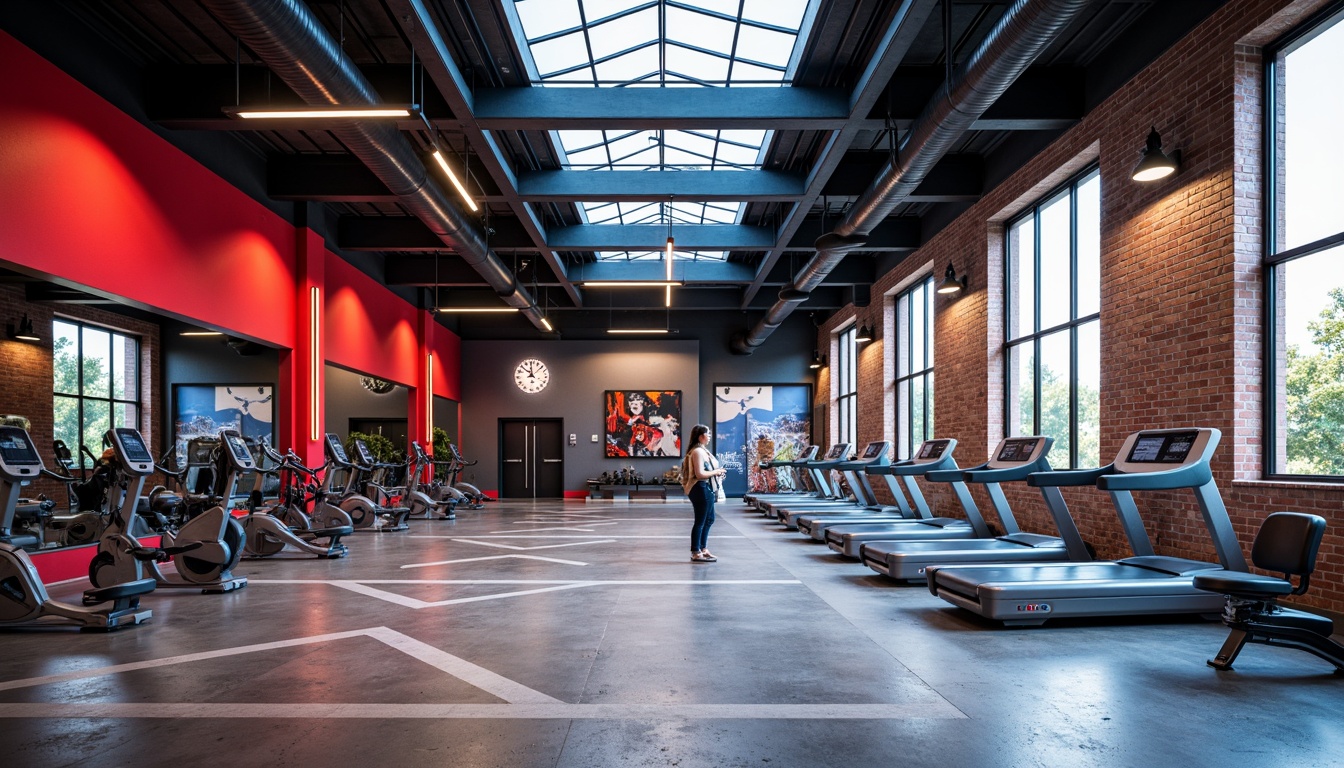 Prompt: Vibrant gym space, industrial constructivist style, bold color scheme, bright red accents, deep blue tones, metallic silver equipment, exposed brick walls, concrete floors, minimalist lighting, functional layout, modern athletic equipment, free weights, treadmills, exercise bikes, mirrored walls, geometric patterns, abstract art pieces, urban atmosphere, high ceilings, large windows, natural light, 1/1 composition, softbox lighting, realistic textures, ambient occlusion.