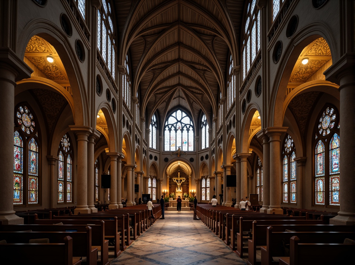 Prompt: Vaulted ceilings, stained glass windows, grand arches, ornate columns, intricate carvings, sacred symbols, Gothic spires, Romanesque domes, Byzantine mosaics, Islamic geometric patterns, Hindu temple towers, Buddhist stupas, Christian crucifixes, Jewish menorahs, serene atmosphere, soft natural lighting, dramatic shadows, symmetrical composition, central nave, aisle seating, ornate altars, sacred relics, mystical ambiance, warm golden tones, intricate stone carvings, solemn silence.