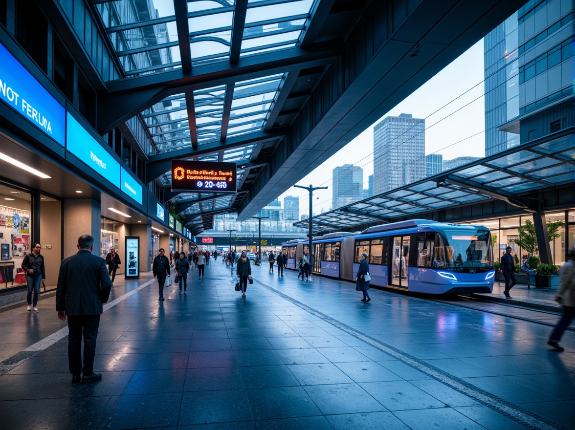 Prompt: Futuristic tram station, sleek metallic surfaces, neon-lit signage, dynamic LED lights, vibrant blue and silver color scheme, high-gloss flooring, modern minimalist architecture, angular lines, stainless steel accents, glass roofs, natural light pouring in, urban cityscape, bustling pedestrian traffic, rush hour atmosphere, shallow depth of field, 1/2 composition, cinematic lighting, realistic reflections.