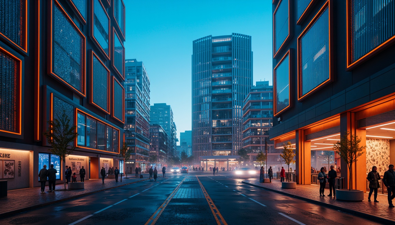 Prompt: Neon-lit cityscape, sleek metallic buildings, iridescent glass facades, luminescent accents, vibrant electric blue hues, radiant orange tones, bold geometric patterns, futuristic neon lights, urban skyscrapers, space-age aesthetic, retro-futuristic vibes, atmospheric mist, soft gradient skies, warm ambient lighting, shallow depth of field, 3/4 composition, panoramic view, realistic metallic textures, ambient occlusion.