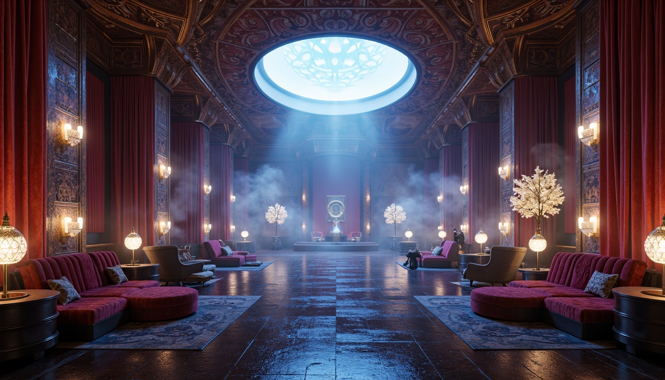 Prompt: Intricate ornate details, luxurious velvet fabrics, metallic accents, reflective surfaces, dramatic lighting effects, mysterious foggy atmosphere, eerie misty ambience, avant-garde futuristic architecture, curvaceous fluid forms, irregular organic shapes, bold vibrant colors, iridescent materials, holographic projections, immersive virtual reality experience, 360-degree panoramic view, high-contrast cinematic lighting, shallow depth of field, atmospheric perspective, detailed normal maps.