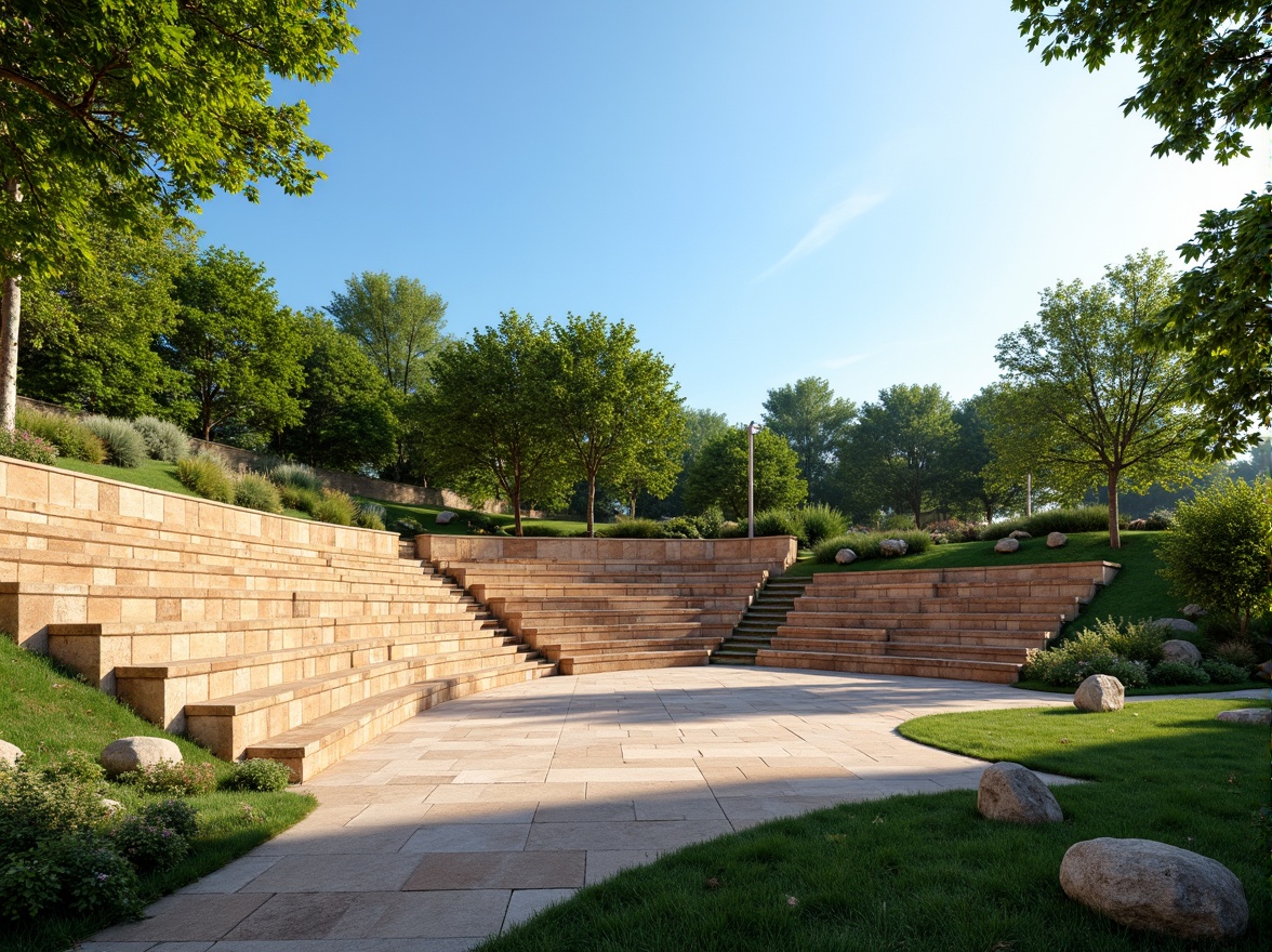 Prompt: Vibrant amphitheater, lush green surroundings, natural stone seating, warm beige tones, earthy brown accents, sky blue overhead, sunny day, soft warm lighting, gentle shadows, 3/4 composition, panoramic view, realistic textures, ambient occlusion.