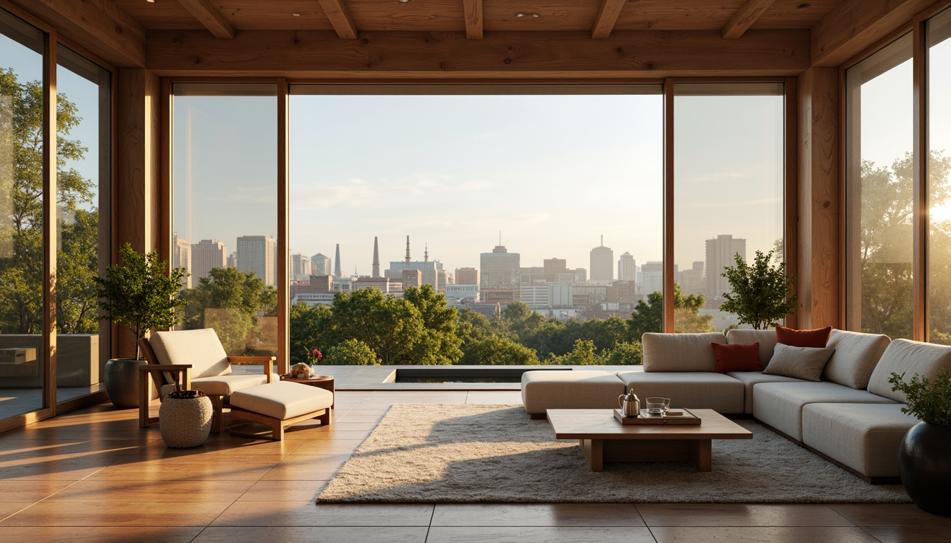 Prompt: Spacious living room, minimalist decor, natural materials, wooden flooring, floor-to-ceiling windows, sliding glass doors, cozy reading nook, plush sectional sofa, ambient lighting, soft warm colors, 1/1 composition, shallow depth of field, realistic textures, modern furniture, greenery, urban skyline view, morning sunlight, gentle breeze, relaxing atmosphere.