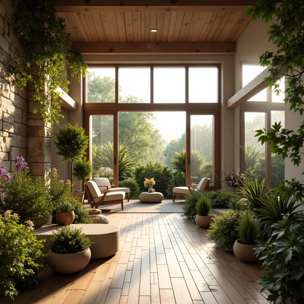 Prompt: Bright airy interior, large windows, sliding glass doors, natural stone walls, wooden floors, lush greenery, potted plants, vibrant flowers, soft warm lighting, ambient shadows, shallow depth of field, 1/1 composition, realistic textures, subtle color palette, calming atmosphere, peaceful ambiance, serenity, nature-inspired decor, earthy tones, organic shapes, minimalist design, eco-friendly materials, sustainable architecture.