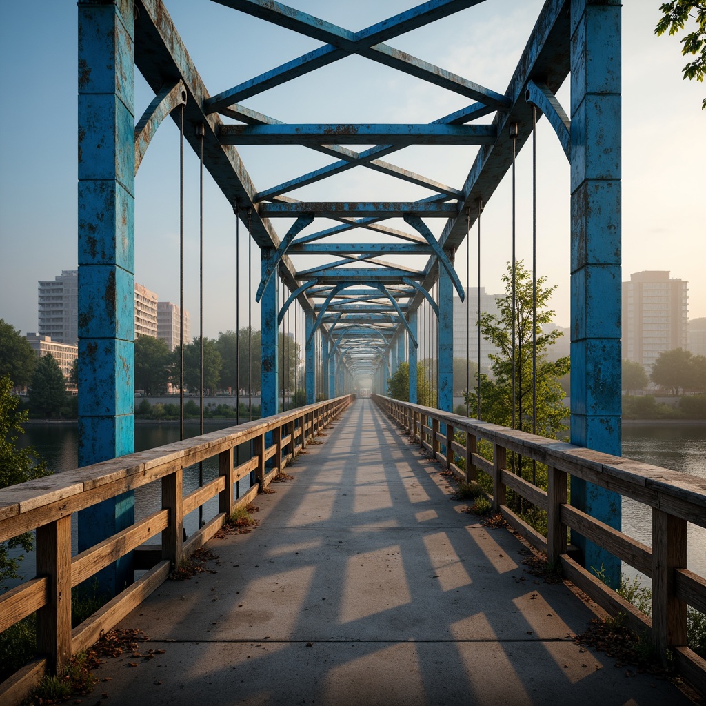 Prompt: Vibrant blue steel arches, rustic brown stone piers, weathered wood railings, industrial metal beams, modern suspension cables, dramatic misty atmosphere, warm golden lighting, shallow depth of field, 1/1 composition, symmetrical view, realistic metallic textures, ambient occlusion, subtle gradient skies, soft water reflections, lush green riverbanks, serene urban landscapes, innovative structural systems, functional pedestrian paths.