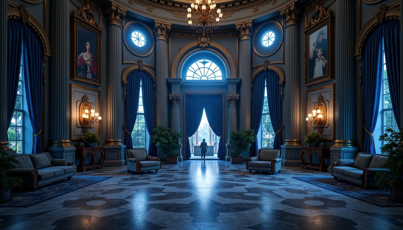 Prompt: Rich Prussian blue accents, ornate facades, grandiose columns, intricate stone carvings, majestic entrance archways, symmetrical compositions, neoclassical architecture, opulent interiors, lavish furnishings, velvet drapes, gilded frames, crystal chandeliers, polished marble floors, atmospheric misty lighting, cinematic depth of field, 1/2 composition, dramatic shadows, high-contrast render.