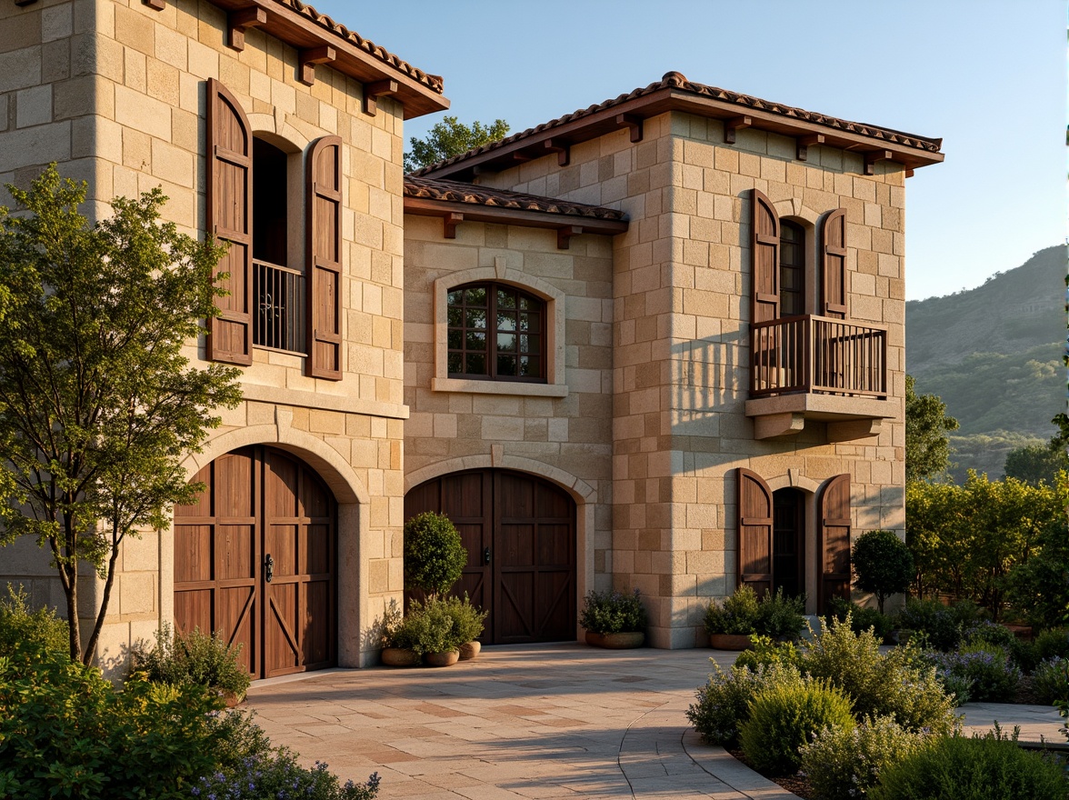 Prompt: Rustic winery facade, Renaissance-inspired architecture, earthy tones, stone walls, arched windows, wooden shutters, terracotta roofs, vintage metal doors, ornate ironwork, lush green vines, Mediterranean landscape, rolling hills, sunny afternoon, warm golden lighting, soft focus, 1/2 composition, symmetrical balance, classical proportions, realistic stonework, ambient occlusion.