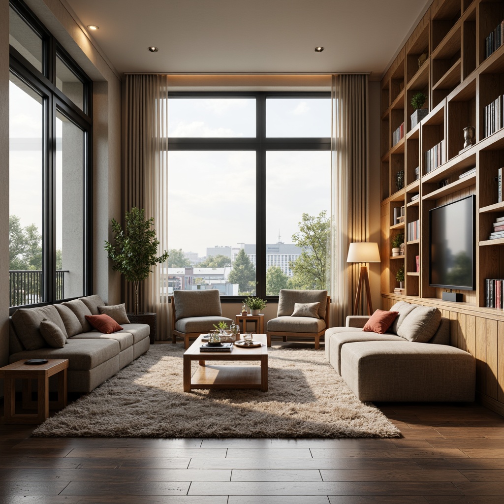 Prompt: Cozy living room, modern minimalist furniture, plush area rug, comfortable sofa, accent chairs, floor lamps, built-in bookshelves, large windows, natural light, soft warm colors, textured walls, wooden flooring, functional storage units, ergonomic workspace, adjustable desk chair, task lighting, calming atmosphere, 1/1 composition, realistic textures, ambient occlusion.