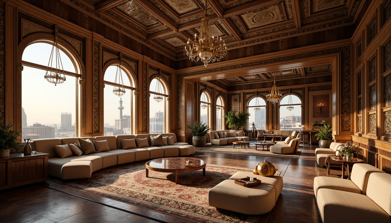 Prompt: Luxurious penthouse, ornate detailing, Renaissance-inspired architecture, grandiose chandeliers, intricately carved wooden panels, lavish furnishings, opulent fabrics, velvet drapes, gilded accents, marble floors, high ceilings, crystal windows, panoramic city views, warm golden lighting, shallow depth of field, 1/1 composition, realistic textures, ambient occlusion.