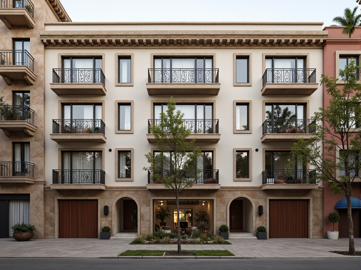 Prompt: Classic social housing facade, symmetrical composition, ornate balconies, intricate stonework, arched windows, grand entranceways, decorative cornices, neutral color palette, earthy tones, subtle texture variation, moderate scale, harmonious proportions, subtle ornamentation, elegant pilasters, refined moldings, warm natural lighting, soft shadows, 1/2 composition, realistic textures, ambient occlusion.