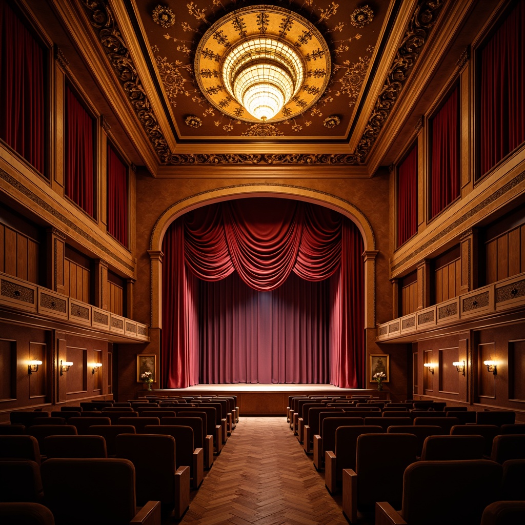 Prompt: Elegant concert house, luxurious velvet curtains, polished wooden flooring, grand chandelier, ornate plaster ceiling, rich wood paneling, acoustic soundproofing materials, soft cushioned seating, intimate stage setting, dramatic spot lighting, warm golden illumination, subtle gradient textures, 1/1 composition, shallow depth of field, cinematic atmosphere.