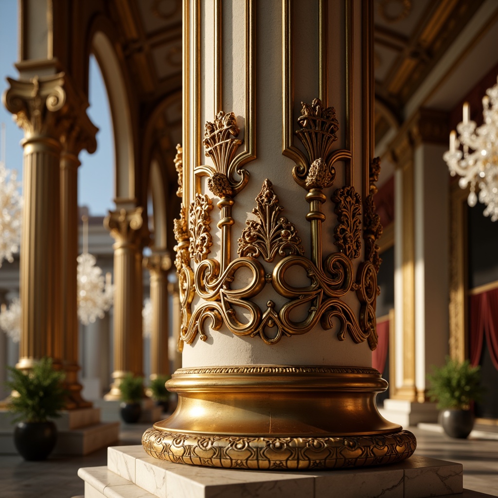 Prompt: Ornate column, golden accents, intricate carvings, ornamental capitals, fluted shafts, Corinthian-inspired details, grandiose architecture, lavish decorations, opulent materials, marble surfaces, velvet drapes, crystal chandeliers, warm soft lighting, shallow depth of field, 1/2 composition, close-up shot, realistic textures, ambient occlusion.