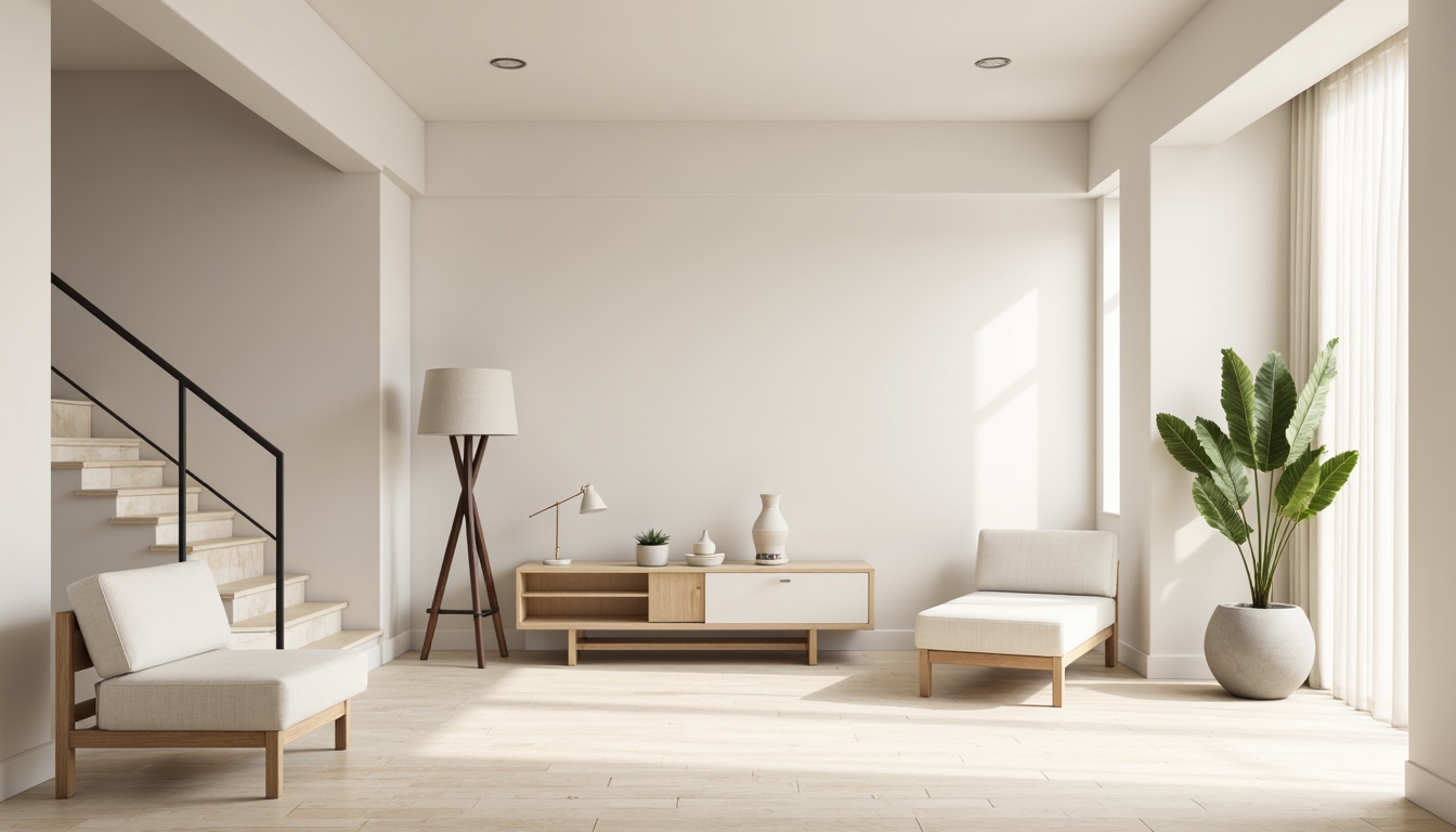 Prompt: Monochromatic minimalistic interior, soft creamy whites, gentle warm beiges, calm pale grays, subtle taupe accents, natural wood textures, sleek metal lines, minimalist furniture, empty spaces, plenty of negative space, soft diffused lighting, shallow depth of field, 1/1 composition, realistic renderings, ambient occlusion.