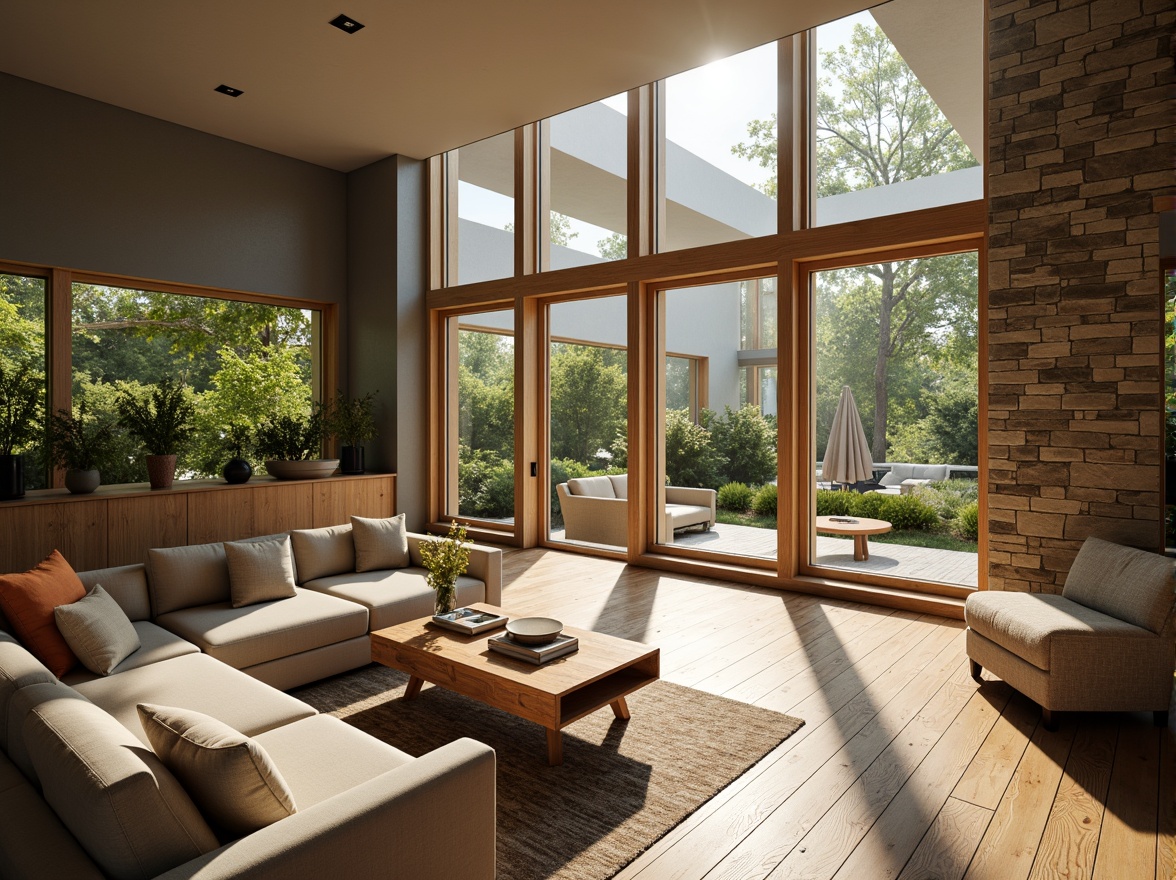 Prompt: Cozy living room, large windows, sliding glass doors, clerestory windows, skylights, natural stone walls, wooden floors, minimal obstructions, open floor plans, bright airy atmosphere, soft warm lighting, diffused sunlight, gentle shadows, 3/4 composition, shallow depth of field, realistic textures, ambient occlusion, lush greenery views, serene outdoor spaces, morning sunlight, afternoon warmth, evening ambiance.