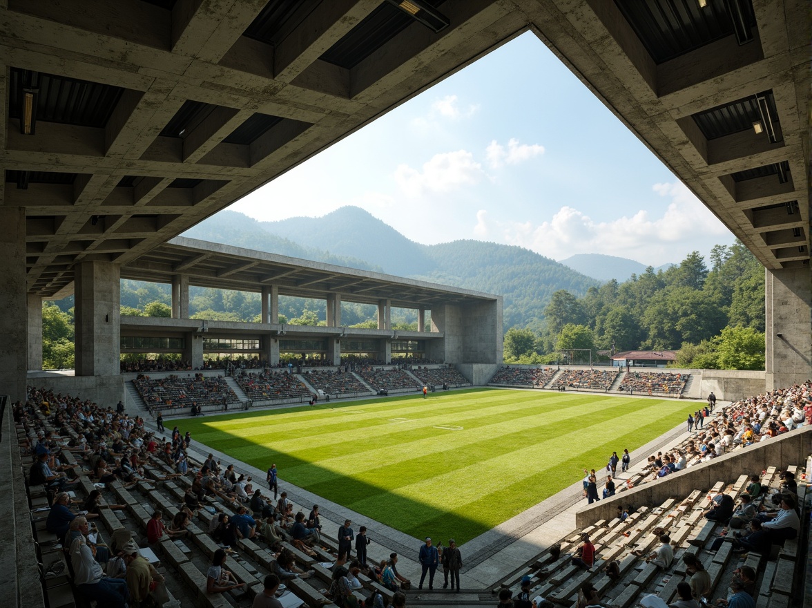 Prompt: Rugged sports field, brutalist concrete structures, angular lines, imposing scale, natural stone walls, weathered steel beams, industrial textures, vibrant green turf, dynamic lighting, dramatic shadows, intense athletic atmosphere, panoramic views, shallow depth of field, 3/4 composition, realistic renderings, ambient occlusion, surrounding forest landscape, rolling hills, winding paths, scattered trees, serene lake, distant misty mountains.