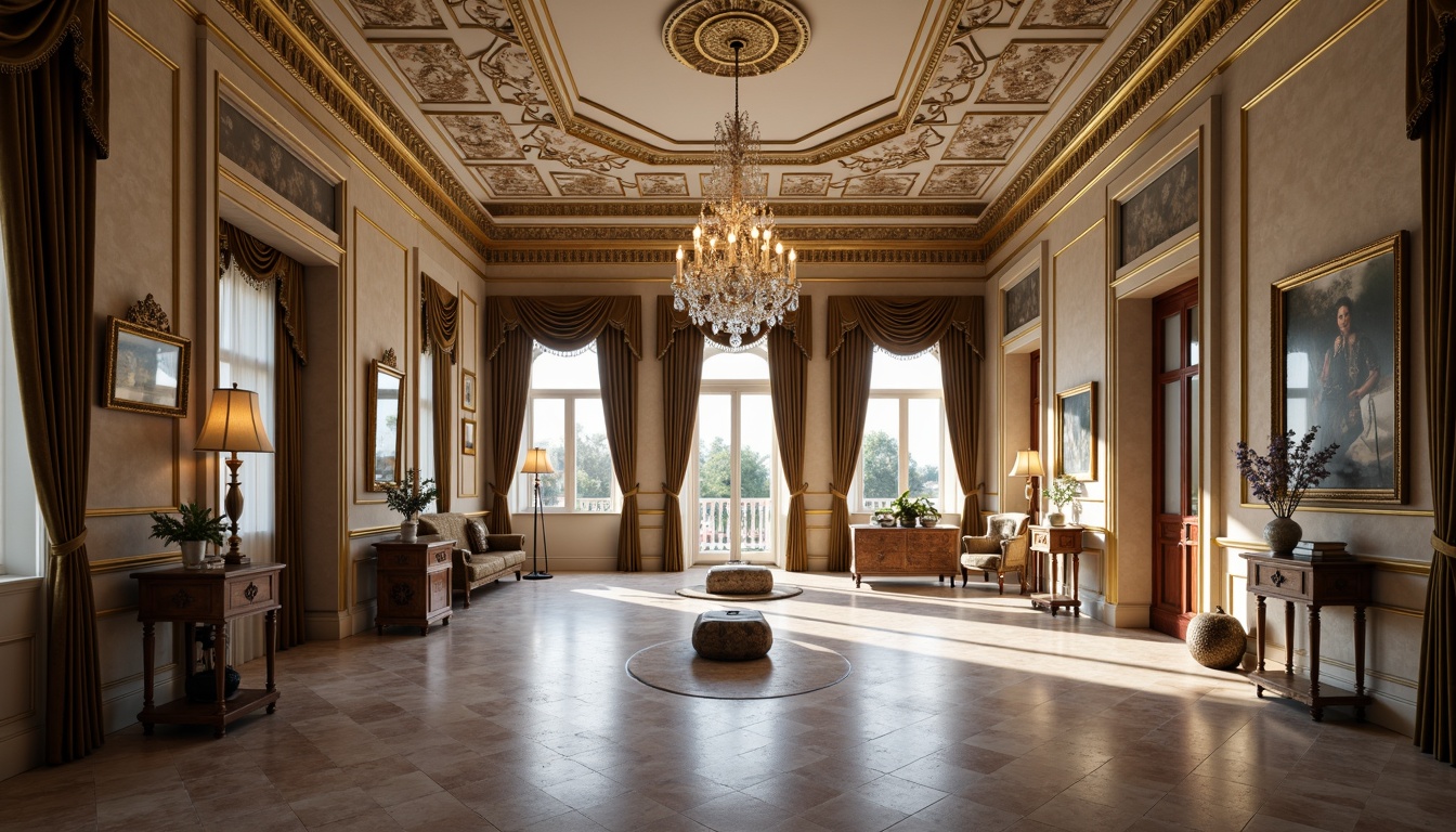 Prompt: Grand neoclassical interior, high ceilings, ornate moldings, marble floors, crystal chandeliers, velvet drapes, gilded frames, antique furniture, intricate carvings, symmetrical composition, balanced proportions, classical columns, ornamental arches, subtle color palette, soft warm lighting, realistic textures, ambient occlusion.