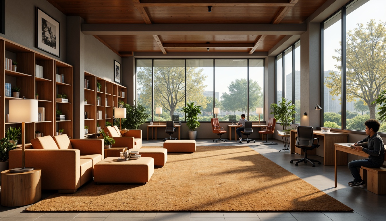 Prompt: Cozy student lounge, modern minimalist furniture, warm earthy tones, plush carpets, comfortable sofas, wooden coffee tables, floor lamps, large windows, natural light, greenery views, functional shelving units, compact workstations, ergonomic chairs, collaborative study areas, softbox lighting, 1/1 composition, shallow depth of field, realistic textures.