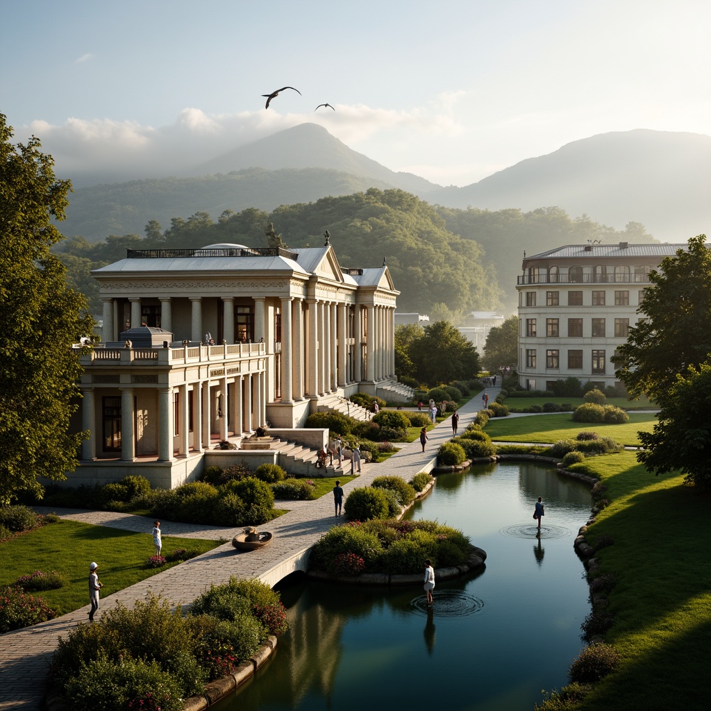 Prompt: Grandiose neoclassical buildings, majestic columns, ornate facades, symmetrical compositions, lush green landscapes, rolling hills, serene lakes, walking paths, rustic stone bridges, vibrant flowerbeds, manicured lawns, classical sculptures, elegant fountains, soft warm lighting, atmospheric mist, 1/1 composition, realistic textures, ambient occlusion.