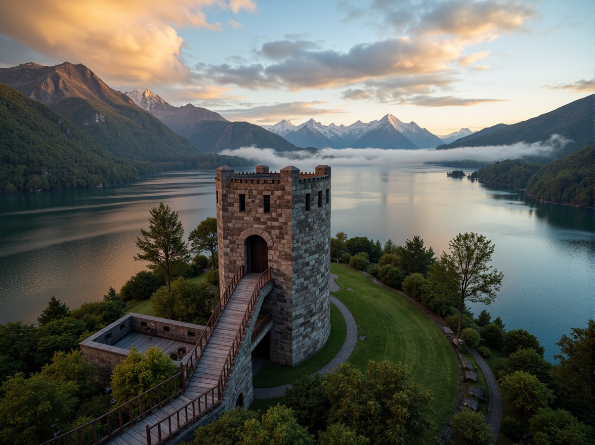 Prompt: Watchtower, rugged stone walls, fortified structure, majestic mountain range, serene lake reflection, misty morning atmosphere, lush green forests, winding hiking trails, wooden observation decks, rustic metal railings, dramatic cloud formations, warm golden lighting, shallow depth of field, 1/2 composition, cinematic view, realistic textures, ambient occlusion.