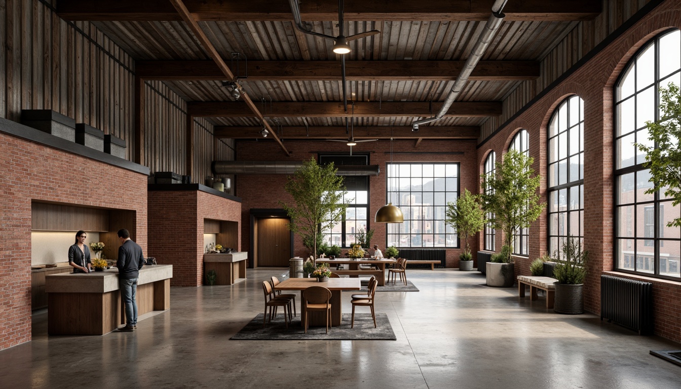 Prompt: Exposed brick facades, industrial metal cladding, rustic wooden accents, large steel windows, corrugated roofing, urban cityscape, converted warehouse spaces, modern minimalist interiors, polished concrete floors, reclaimed wood beams, Edison bulb lighting, airy open plans, functional pipe work, distressed finishes, earthy color palette, natural textures, atmospheric softbox lighting, 1/2 composition, gritty realistic renderings.