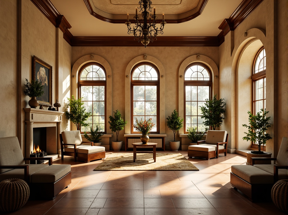 Prompt: Warm beige walls, soft cream ceilings, rich walnut wood accents, ornate stone carvings, grand archways, stained glass windows, elegant bronze fixtures, plush velvet upholstery, subtle terracotta flooring, earthy sage greenery, natural stone columns, dramatic chandeliers, warm golden lighting, shallow depth of field, 1/1 composition, realistic textures, ambient occlusion.