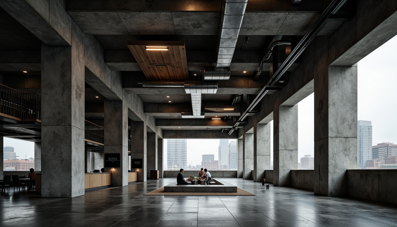 Prompt: Industrial concrete structures, brutalist fa\u00e7ades, monochromatic color schemes, raw exposed ductwork, steel beams, industrial lighting fixtures, reclaimed wood accents, minimalist decor, urban cityscape views, overcast skies, dramatic shadows, low-key ambient lighting, cinematic composition, high-contrast textures, gritty realistic atmosphere.