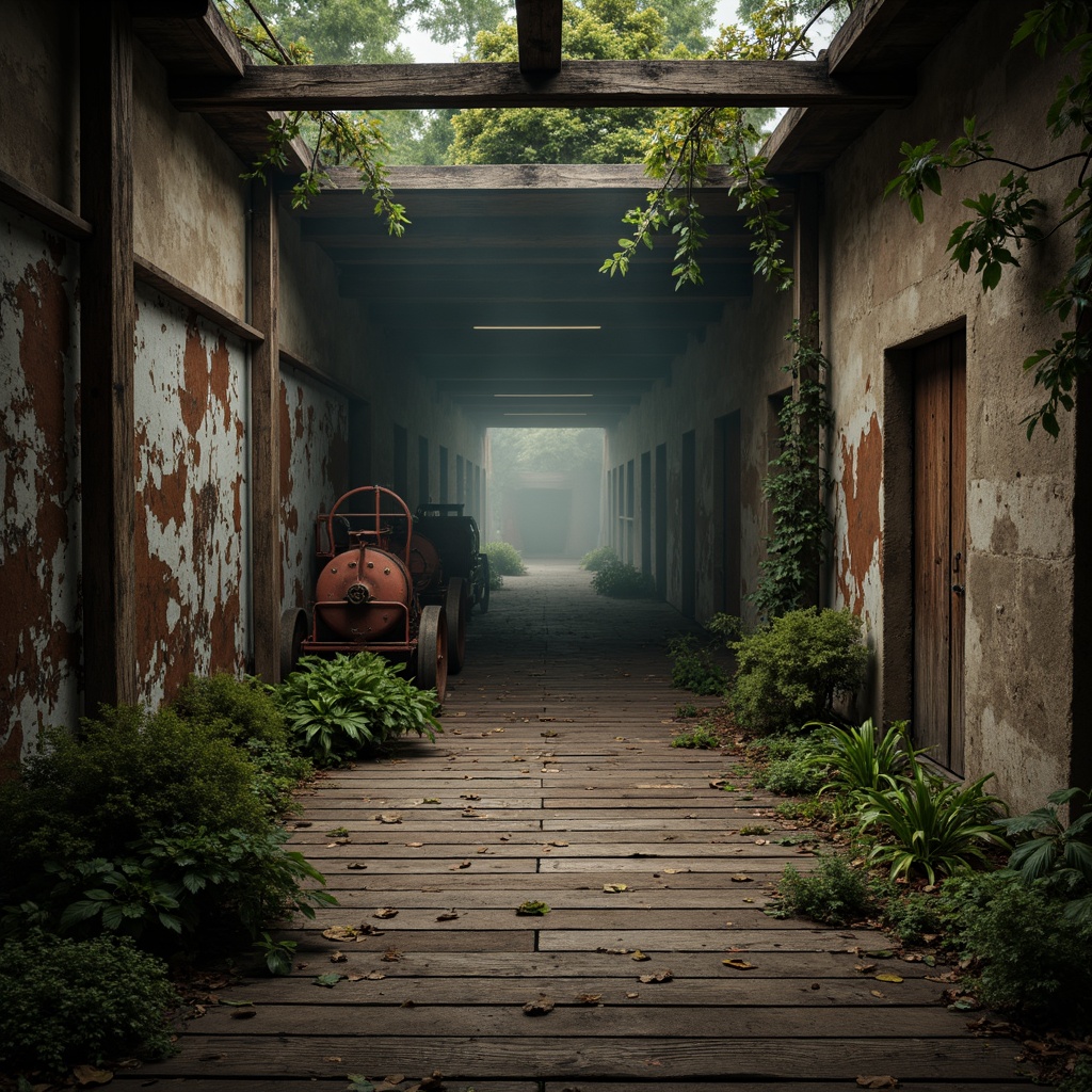 Prompt: Weathered wooden planks, distressed metal sheets, rugged stone walls, worn concrete floors, peeling paint, rusty machinery, overgrown vegetation, misty atmosphere, soft warm lighting, high dynamic range, cinematic composition, shallow depth of field, realistic textures, ambient occlusion.