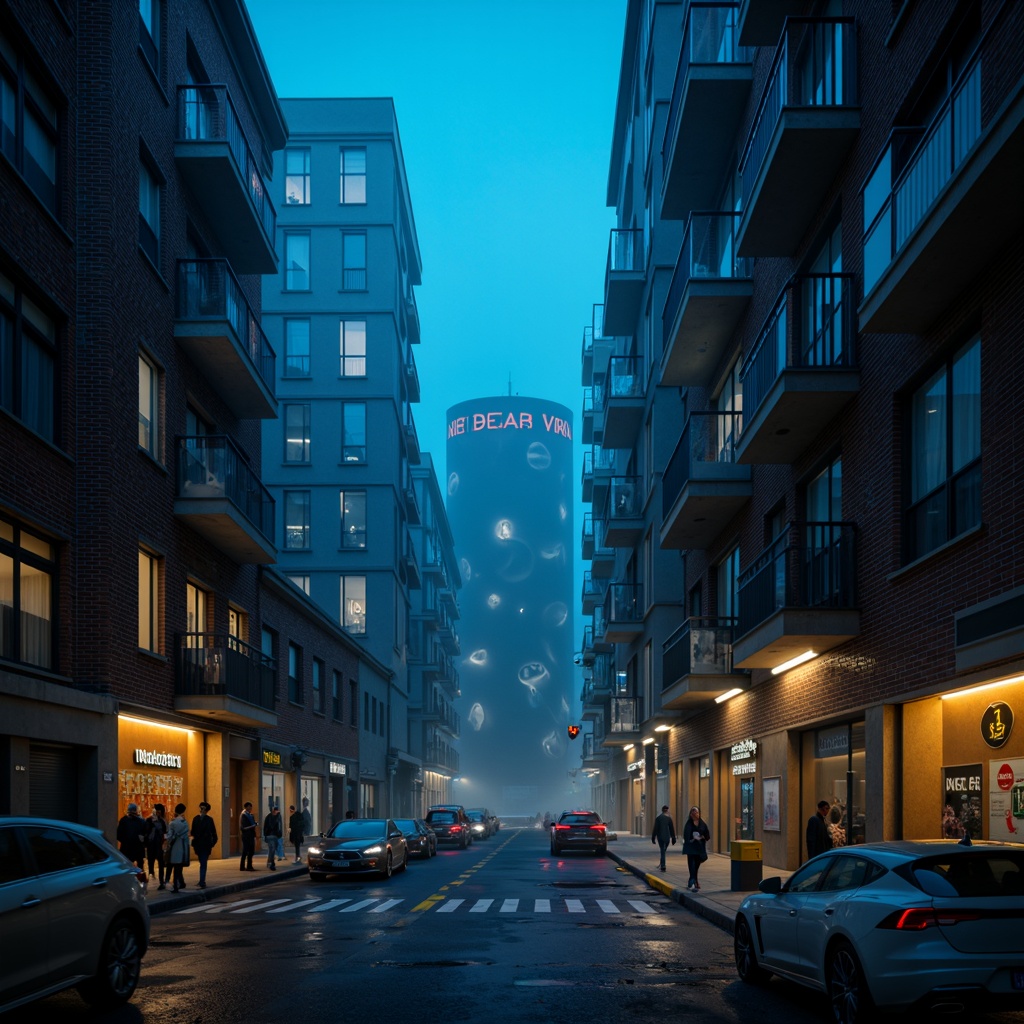 Prompt: Moody urban landscape, industrial atmosphere, Prussian blue accents, exposed brick walls, metallic structures, modern avant-garde architecture, abstract sculptures, neon light installations, foggy night scene, dramatic shadows, low-key lighting, 1/2 composition, cinematic view, high-contrast textures, ambient occlusion.