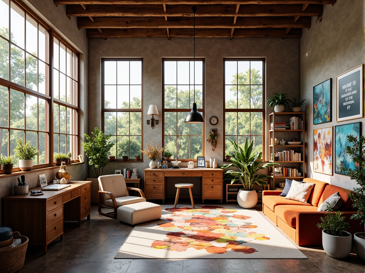 Prompt: Vibrant art studio, eclectic furniture, bold brushstrokes, textured canvases, artistic supplies, scattered paint tubes, inspirational quotes, natural wood accents, cozy reading nooks, oversized windows, soft warm lighting, 1/1 composition, realistic textures, ambient occlusion, earthy tones, rich jewel tones, pastel hues, metallic accents, harmonious color scheme.