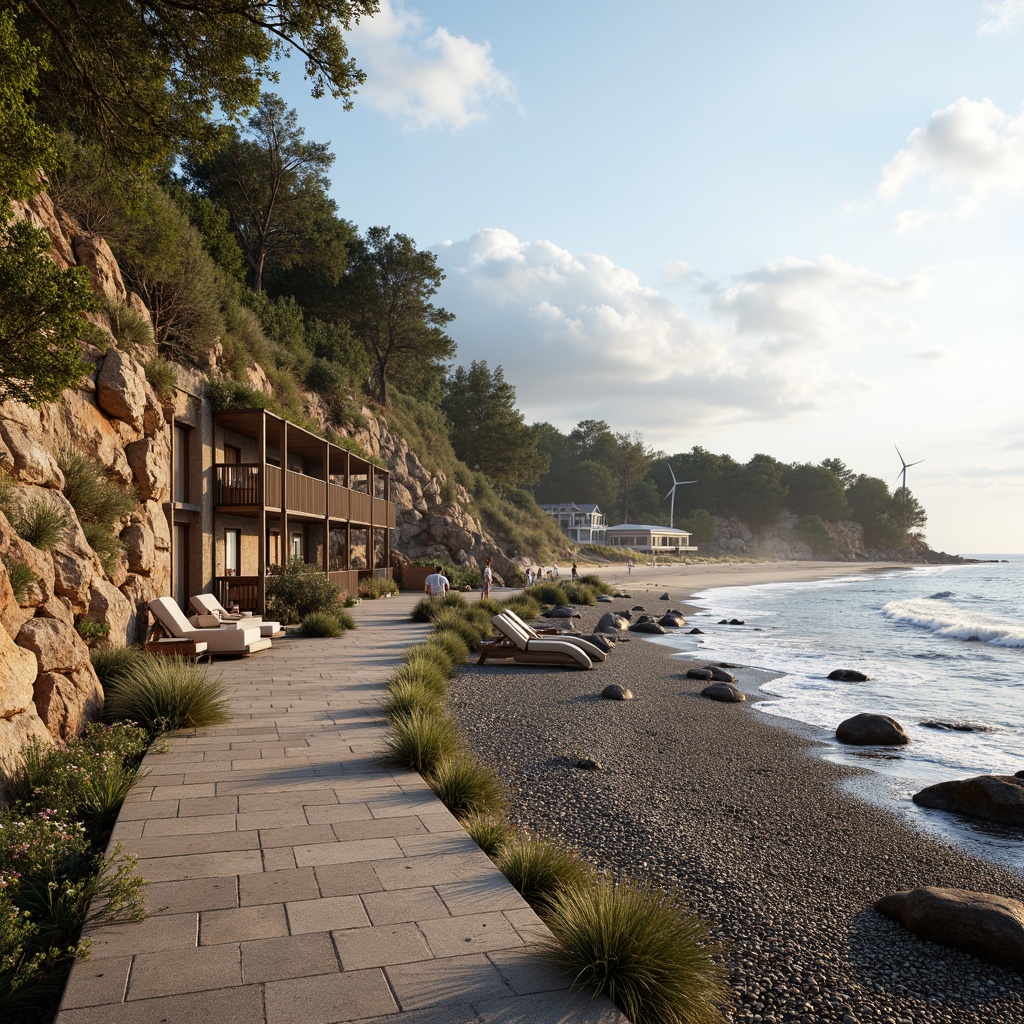 Prompt: Seaside coastal walkway, rugged cliffside, ocean waves crashing, salty sea air, sandy beach, pebbled shoreline, driftwood sculptures, weathered wooden fences, seaside resorts, modern eco-lodges, green roofs, living walls, sustainable building materials, large windows, sliding glass doors, natural ventilation systems, solar panels, wind turbines, tidal power generators, ocean-inspired architecture, curvilinear lines, beachy color palette, serene atmosphere, warm golden lighting, shallow depth of field, 3/4 composition, panoramic view.