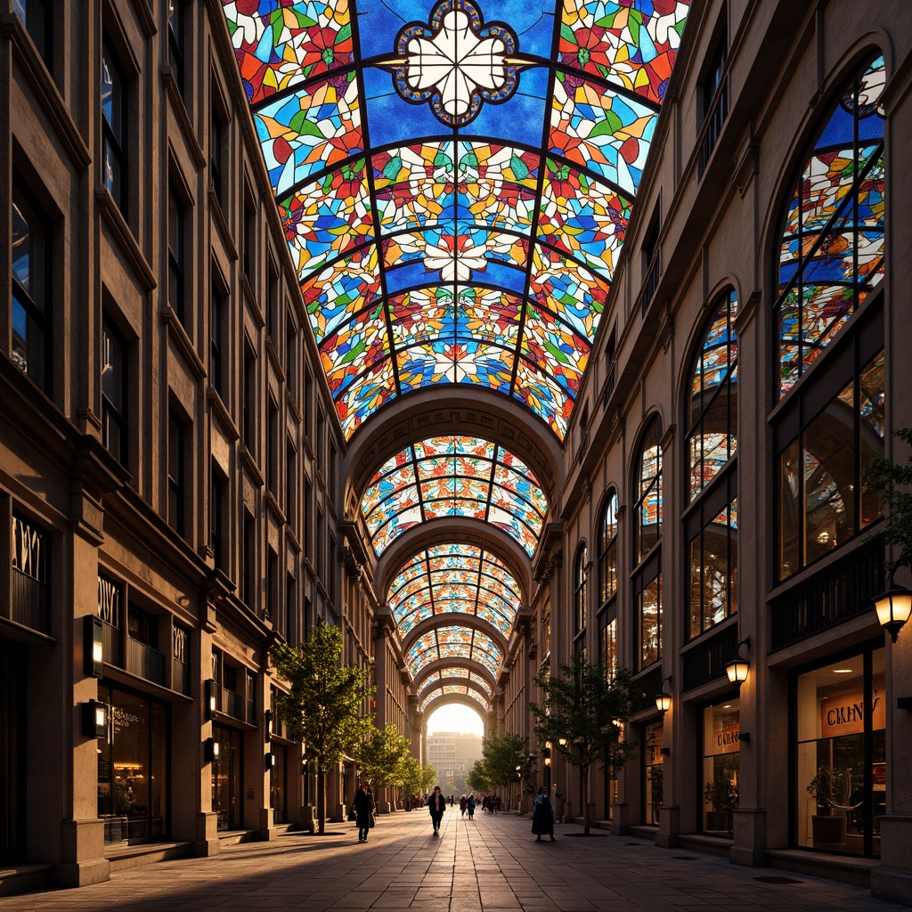 Prompt: Vibrant stained glass buildings, kaleidoscope colors, refracted light, ornate facades, intricate patterns, Gothic arches, grandiose entranceways, warm ambient illumination, soft diffused glow, subtle shading, 1/1 composition, shallow depth of field, realistic textures, ambient occlusion, morning sunlight, serene atmosphere, peaceful ambiance.