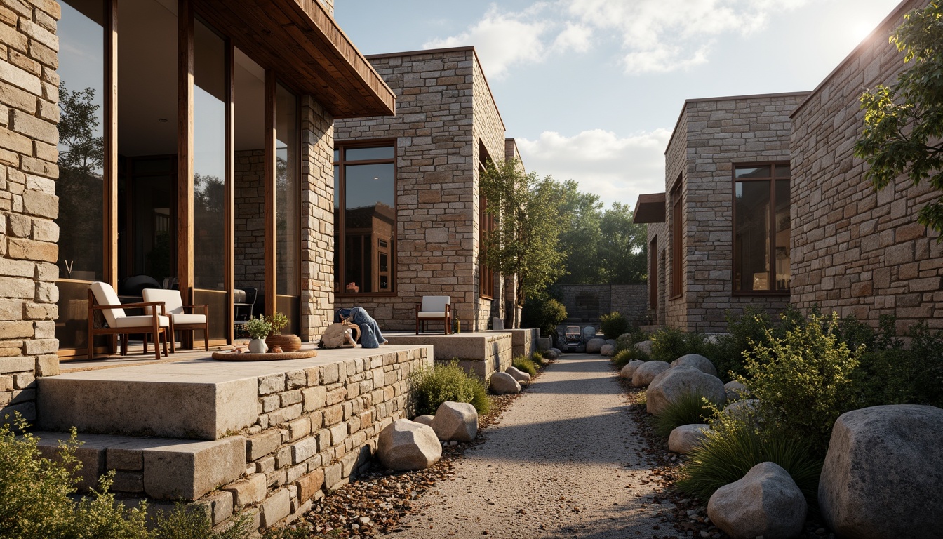 Prompt: Rough stone walls, rustic brick facades, smooth glass surfaces, metallic frames, wooden accents, concrete foundations, earthy terrain, natural scenery, serene atmosphere, warm sunlight, soft shadows, 1/1 composition, realistic textures, ambient occlusion, subtle color palette, muted tones.