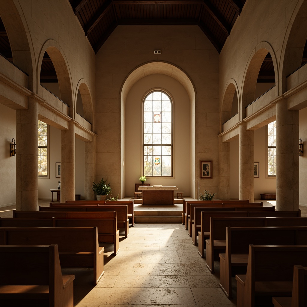 Prompt: Minimalist church interior, soft warm lighting, subtle stained glass windows, gentle beam of light, serene atmosphere, simple stone walls, wooden pews, elegant arches, vaulted ceilings, dramatic verticality, sparse decoration, natural materials, earthy tones, soft shadows, ambient illumination, 1/1 composition, symmetrical framing, warm color palette, realistic textures, subtle reflections.