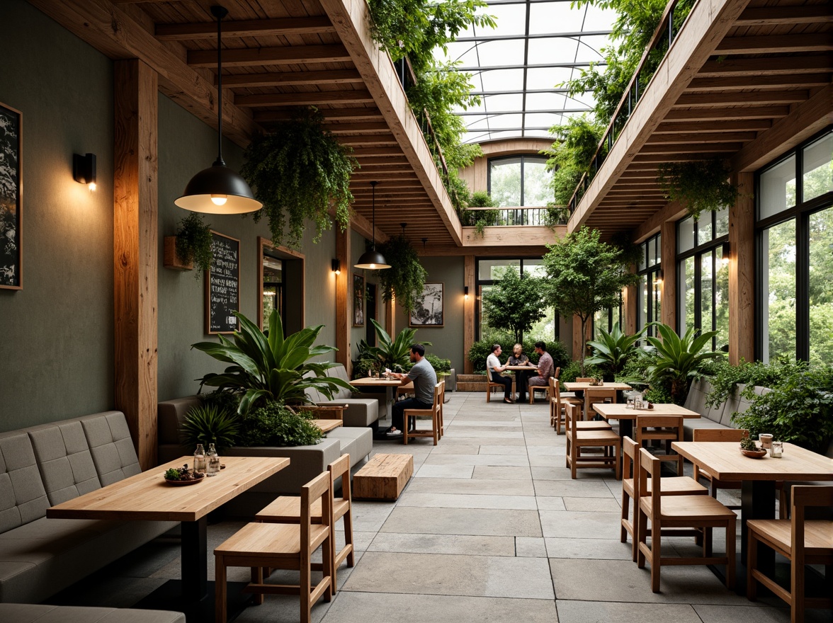 Prompt: Cozy coffee shop, wooden accents, earthy tones, greenery walls, hanging plants, floor-to-ceiling windows, skylights, clerestory windows, natural stone floors, reclaimed wood tables, comfortable seating areas, warm ambiance, soft diffused lighting, 1/2 composition, shallow depth of field, realistic textures, ambient occlusion.