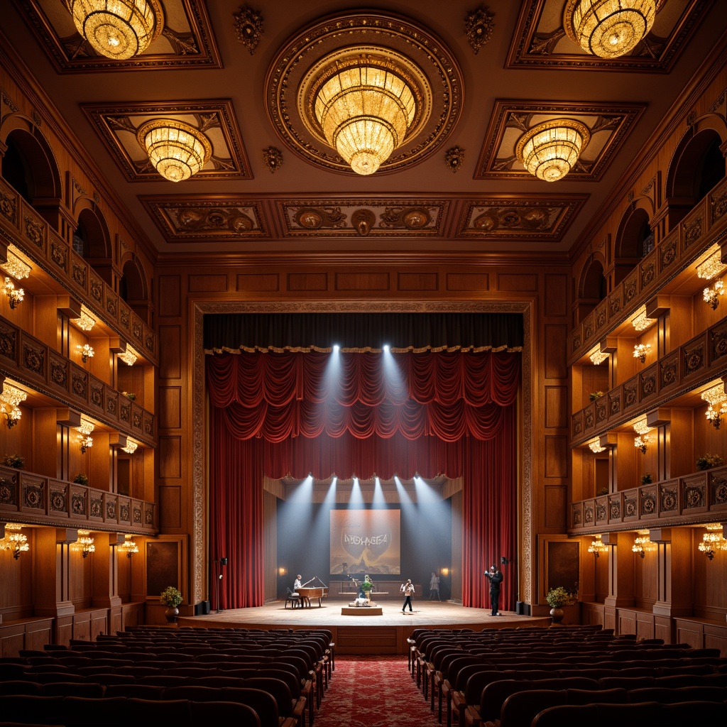 Prompt: Luxurious concert hall, rich wood tones, polished wooden floors, ornate balconies, velvet curtains, golden lighting fixtures, crystal chandeliers, grand piano, acoustic panels, soundproofing materials, plush theater seats, intimate stage settings, dramatic spotlights, warm atmospheric lighting, shallow depth of field, 1/2 composition, realistic textures, ambient occlusion.