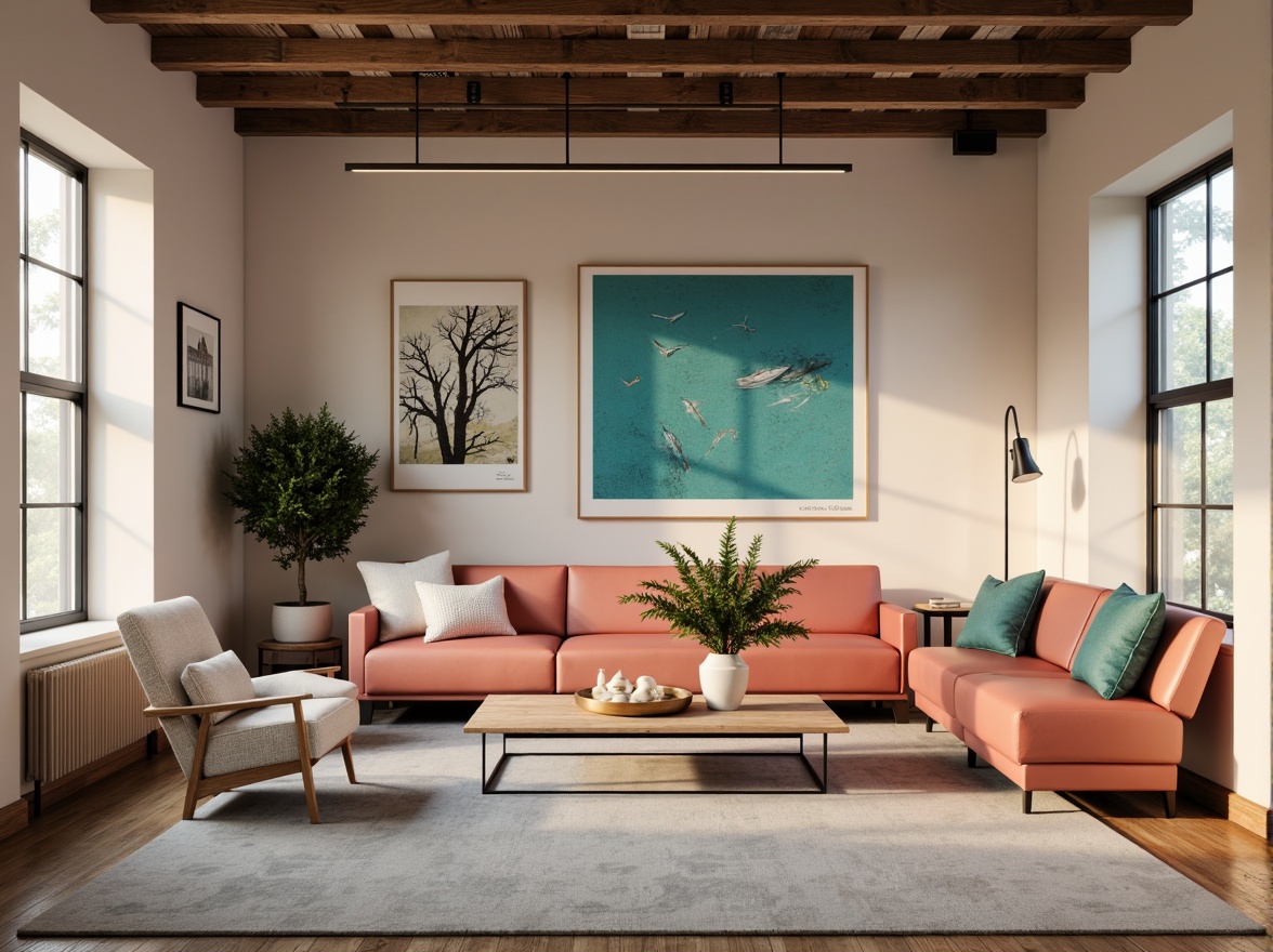 Prompt: Vibrant modern interior, sleek minimalist furniture, pastel color scheme, soft peach tones, rich charcoal accents, creamy whites, bold turquoise statements, metallic rose gold highlights, natural wood textures, industrial chic decor, urban loft ambiance, atmospheric warm lighting, shallow depth of field, 1/1 composition, realistic renderings.