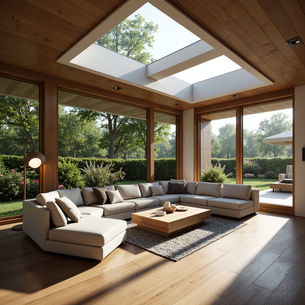 Prompt: Cozy living room, large windows, sliding glass doors, skylights, clerestory windows, natural stone floors, warm wood accents, minimalist decor, soft diffused lighting, morning sunlight, gentle shadows, 1/1 composition, shallow depth of field, realistic textures, ambient occlusion, verdant outdoor spaces, lush greenery, blooming flowers, serene atmosphere, comfortable seating areas, floor lamps, table lamps.