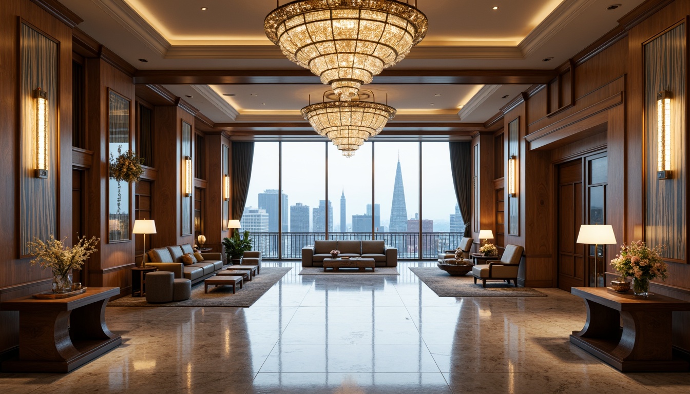 Prompt: Luxurious penthouse, symmetrical floor plan, Renaissance-inspired architecture, grand entrance hall, high ceilings, ornate chandeliers, marble flooring, elegant furnishings, lavish decorations, crystal fixtures, opulent textiles, panoramic city views, modern skyscraper building, sleek glass windows, minimalist railings, refined color palette, subtle lighting accents, 1/1 composition, central axis symmetry, ornate moldings, gilded details, rich wood tones, sophisticated ambiance, warm golden lighting.