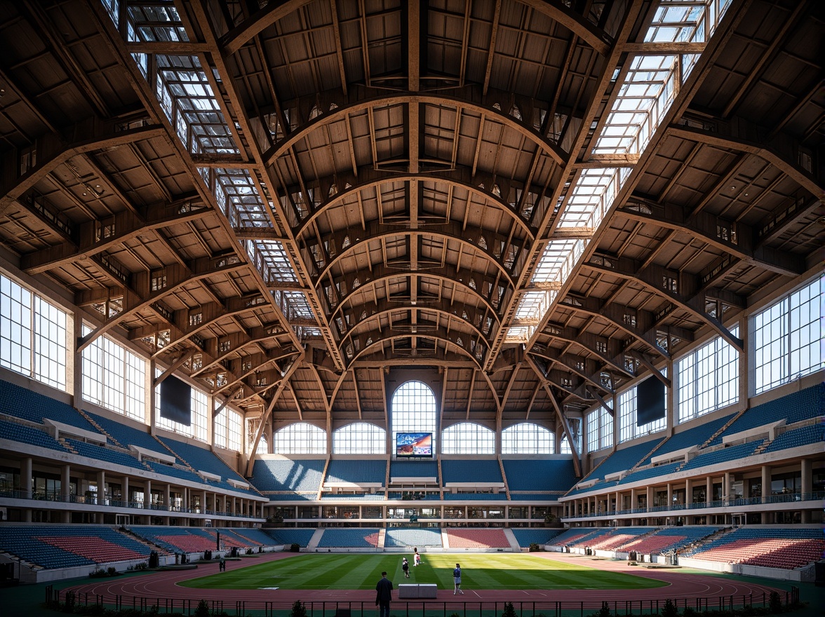 Prompt: Grand Gothic stadium, ribbed vaulted ceiling, pointed arches, flying buttresses, intricate stone carvings, stained glass windows, vibrant colors, modern athletic facilities, sleek metal beams, dynamic curved lines, asymmetrical structure, cantilevered roof sections, natural ventilation systems, clerestory windows, ambient lighting, dramatic shadows, 1/2 composition, wide-angle shot, realistic textures, subtle grain effect.