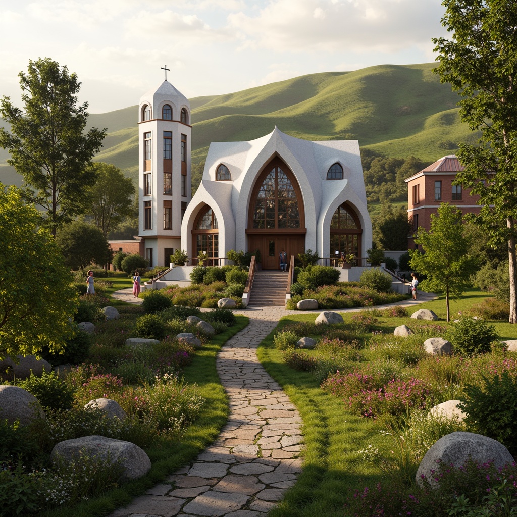 Prompt: Whimsical postmodern church, undulating hills, meandering paths, lush greenery, vibrant wildflowers, natural stone walls, abstract sculptures, stained glass windows, intricate mosaics, ornate wooden doors, eclectic architectural elements, playful use of materials, bold color schemes, dramatic lighting effects, cinematic composition, shallow depth of field, 1/2 camera angle, warm golden hour, soft diffused light, atmospheric mist.