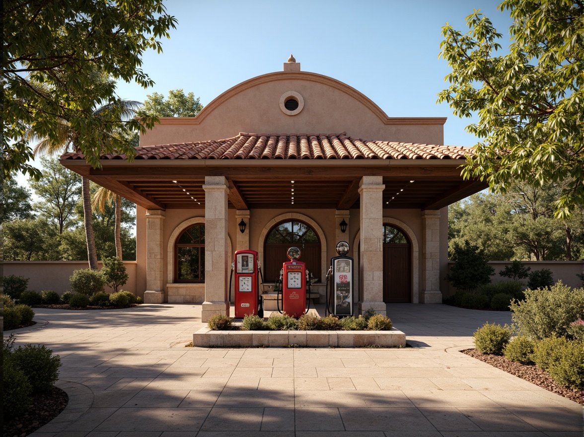 Prompt: Rustic gas station, Romanesque revival style, ornate rooflines, terra cotta tiles, curved archways, sturdy stone columns, decorative metalwork, vintage fuel pumps, nostalgic signage, warm earthy tones, lush greenery, mature trees, sunny afternoon, soft warm lighting, shallow depth of field, 1/2 composition, realistic textures, ambient occlusion.