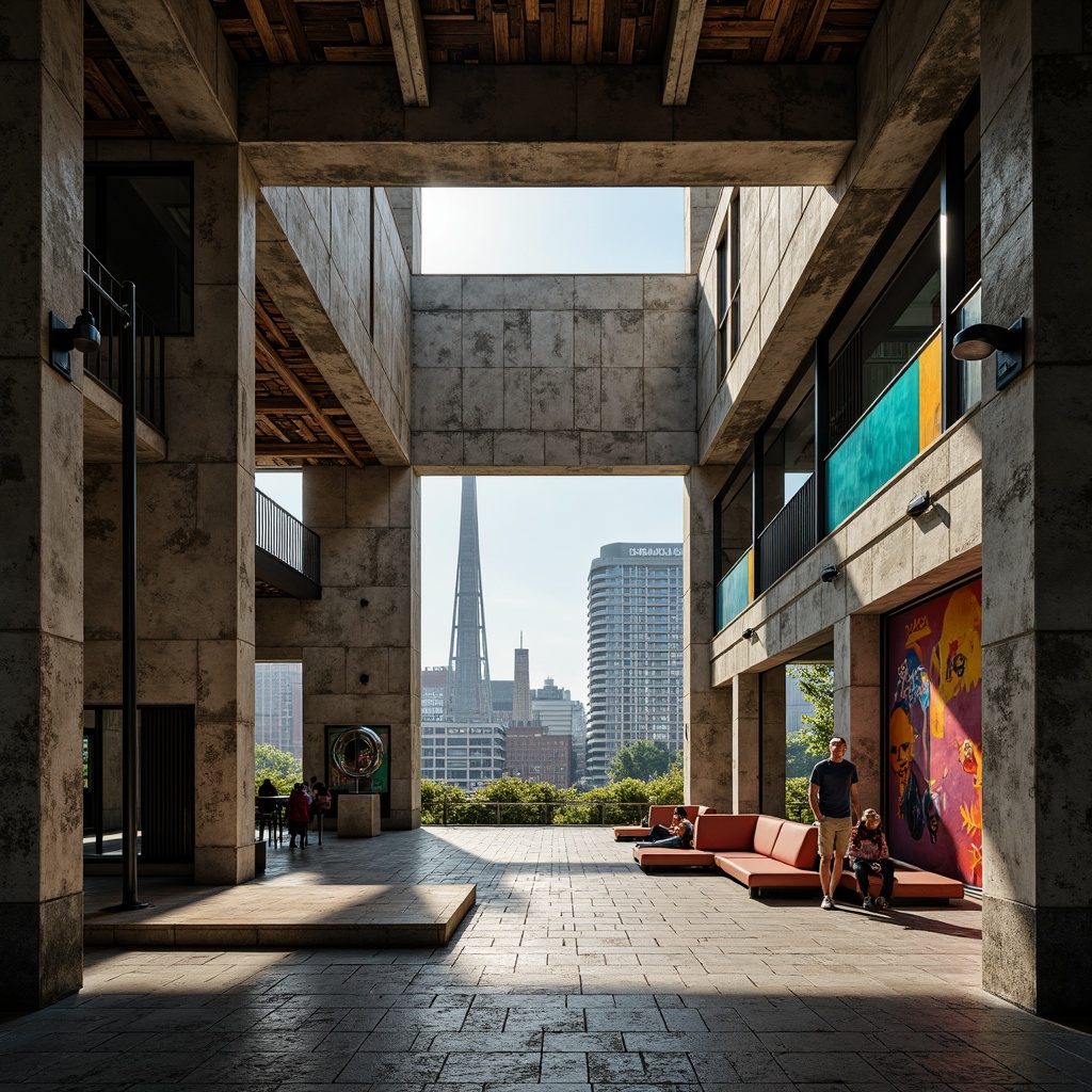 Prompt: Rugged concrete walls, brutalist architecture, industrial metal beams, distressed wood accents, rough-hewn stone floors, geometric patterned tiles, bold colorful murals, abstract sculptures, futuristic urban landscape, cityscape background, low-angle shot, dramatic chiaroscuro lighting, high-contrast shadows, 1/2 composition, symmetrical framing, moody atmospheric effects.