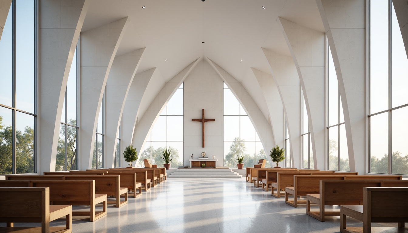 Prompt: Sleek religious architecture, minimalist design, neutral color palette, white marble surfaces, polished chrome accents, floor-to-ceiling windows, natural light flooding, subtle LED lighting, minimalist wooden pews, simple altar designs, modern stained glass windows, geometric patterns, abstract sculptures, calm ambiance, peaceful atmosphere, shallow depth of field, 1/2 composition, softbox lighting, ambient occlusion.